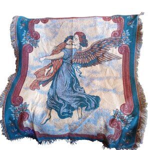 Angel Tapestry Throw Blanket With Fringe Trim Woven Design Multicolor 45x60"